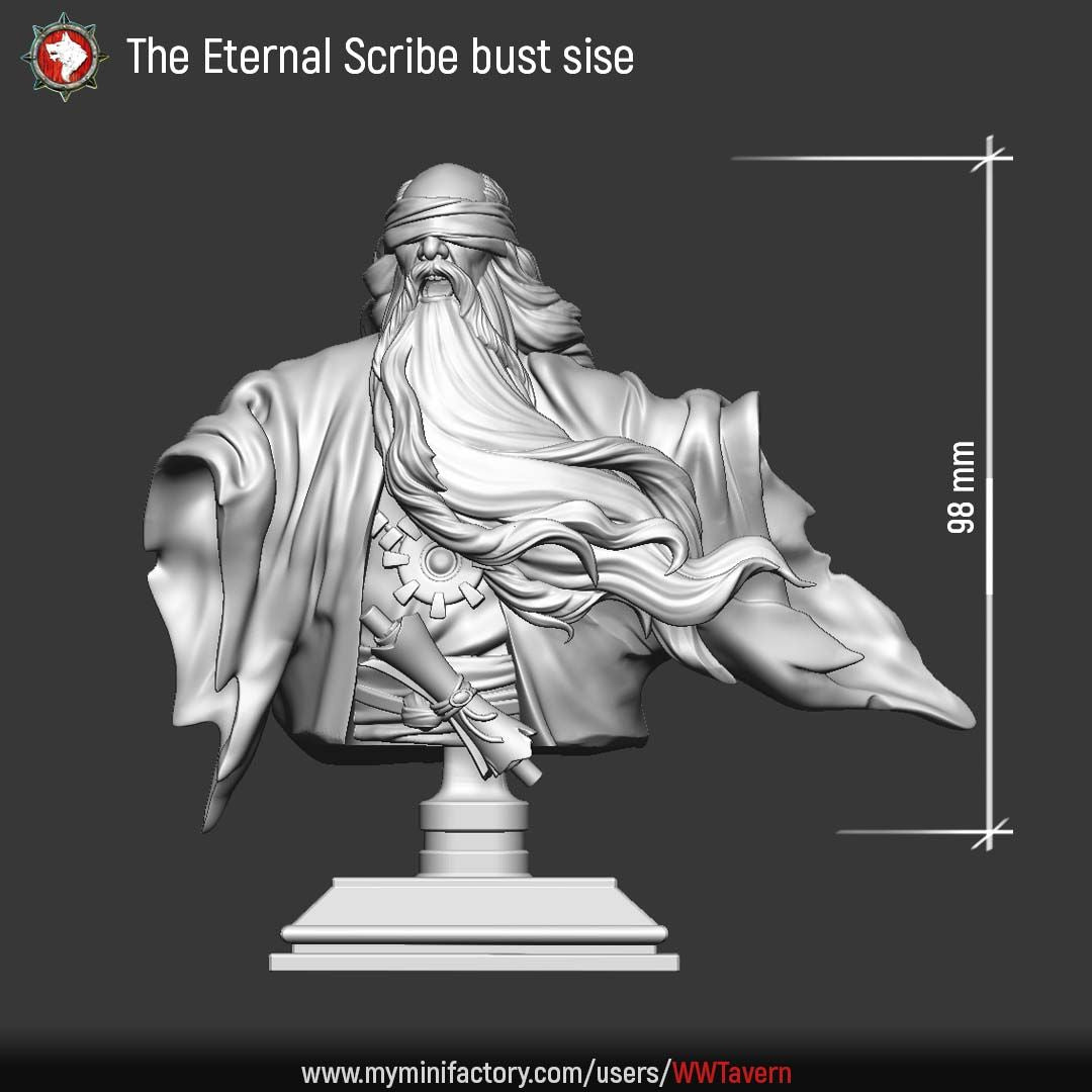 Render of The Eternal Scribe Bust | Dark Fantasy Mage Display Bust: A display bust of the Eternal Scribe from White Werewolf's Sisters of the Apocalypse, an ancient blindfolded sage. Dark-fantasy 3D printed resin display bust.