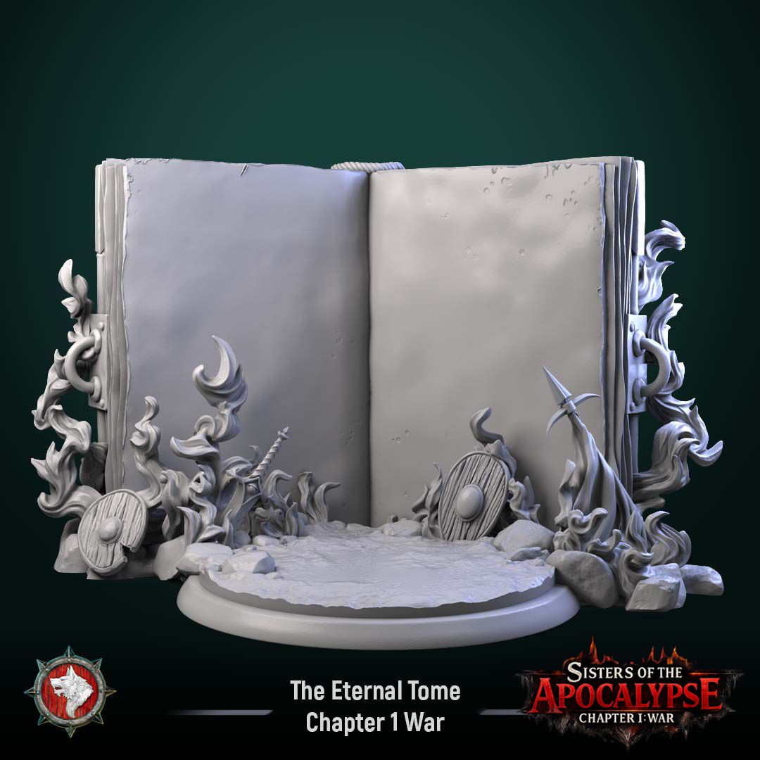 Render of The Eternal Tome | 32-75mm Dark Fantasy Book Terrain: The Eternal Tome, a giant burning-book scenic terrain from White Werewolf's Sisters of the Apocalypse. Dark-fantasy 3D printed resin terrain, 32mm and 75mm.