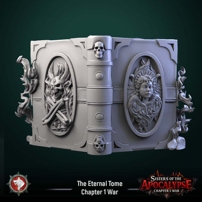 Render of The Eternal Tome | 32-75mm Dark Fantasy Book Terrain: The Eternal Tome, a giant burning-book scenic terrain from White Werewolf's Sisters of the Apocalypse. Dark-fantasy 3D printed resin terrain, 32mm and 75mm.