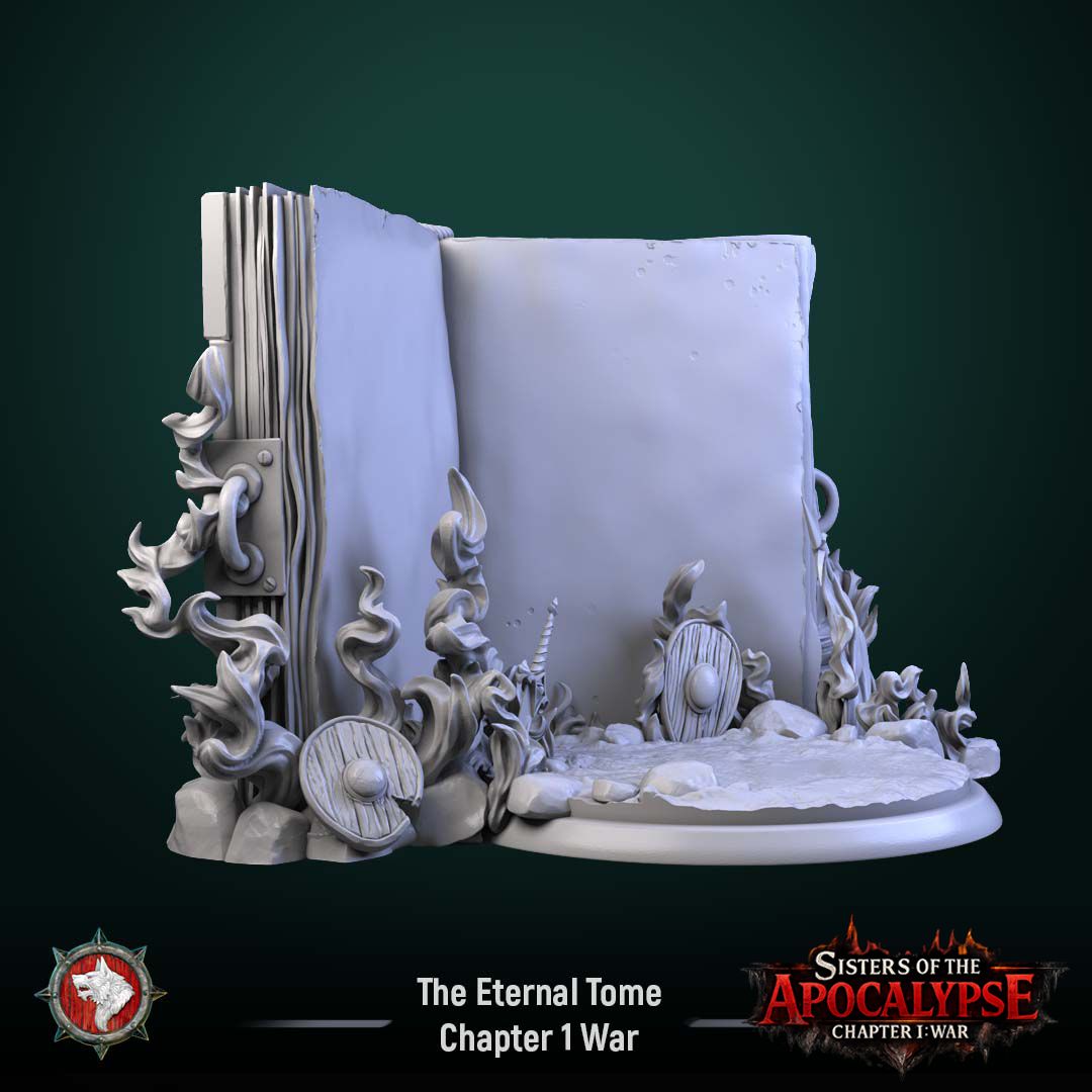 Render of The Eternal Tome | 32-75mm Dark Fantasy Book Terrain: The Eternal Tome, a giant burning-book scenic terrain from White Werewolf's Sisters of the Apocalypse. Dark-fantasy 3D printed resin terrain, 32mm and 75mm.
