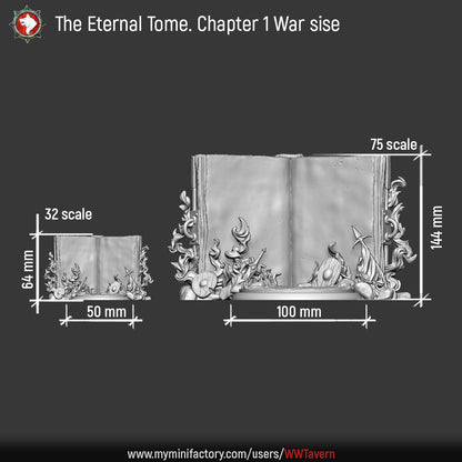 Render of The Eternal Tome | 32-75mm Dark Fantasy Book Terrain: The Eternal Tome, a giant burning-book scenic terrain from White Werewolf's Sisters of the Apocalypse. Dark-fantasy 3D printed resin terrain, 32mm and 75mm.