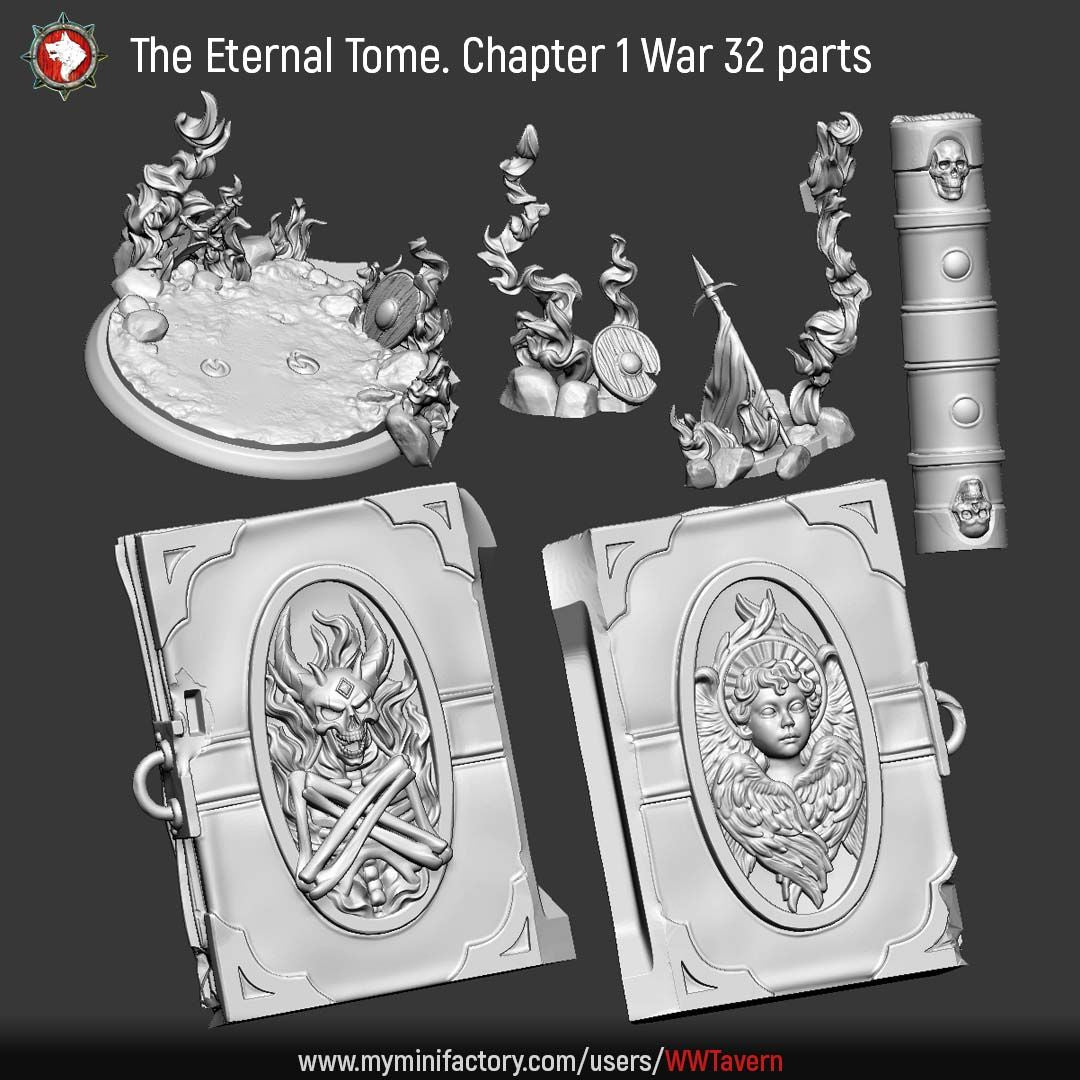Render of The Eternal Tome | 32-75mm Dark Fantasy Book Terrain: The Eternal Tome, a giant burning-book scenic terrain from White Werewolf's Sisters of the Apocalypse. Dark-fantasy 3D printed resin terrain, 32mm and 75mm.