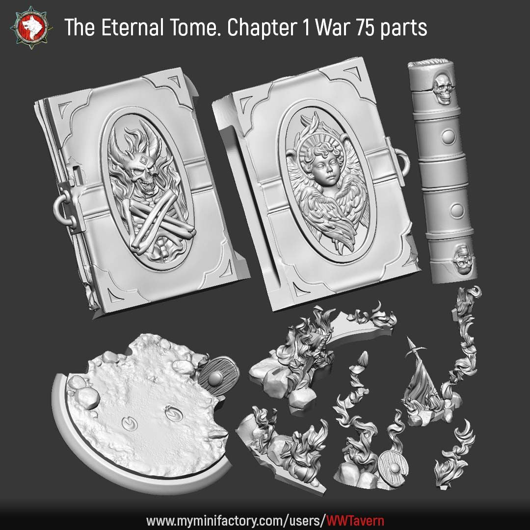 Render of War and the Eternal Tome Diorama | 32-75mm Dark Fantasy Centerpiece: War and the Eternal Tome, a dark-fantasy display diorama from White Werewolf's Sisters of the Apocalypse. 3D printed resin centerpiece, 32mm and 75mm.