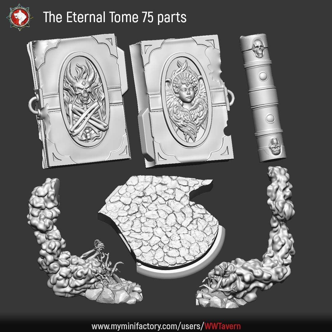The Eternal Tome 75mm parts: two ornate book covers, spine, cracked-earth base, and two smoke-and-branch arms.