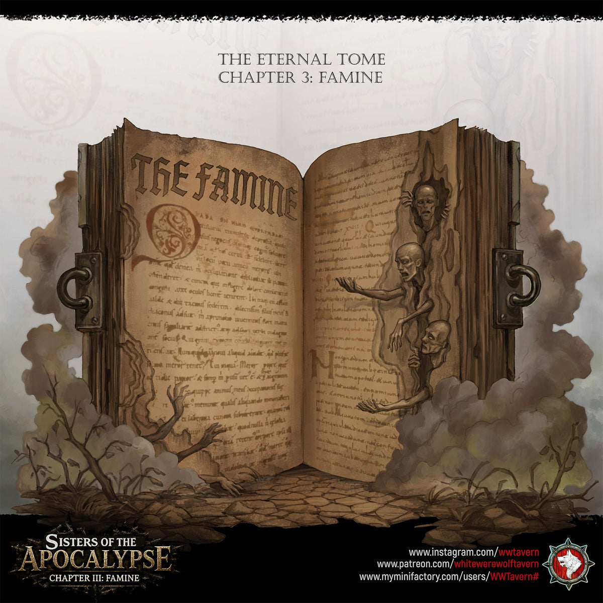 Painted key art of the Eternal Tome opened to the Famine chapter, starving figures clawing from the page.