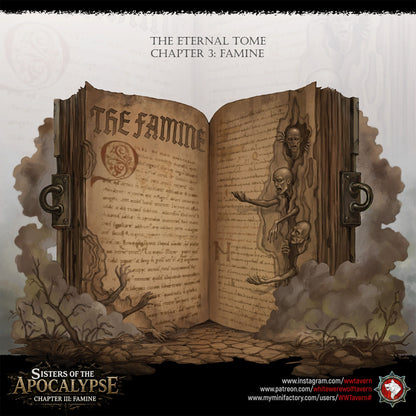 Painted key art of the Eternal Tome opened to the Famine chapter, starving figures clawing from the page.