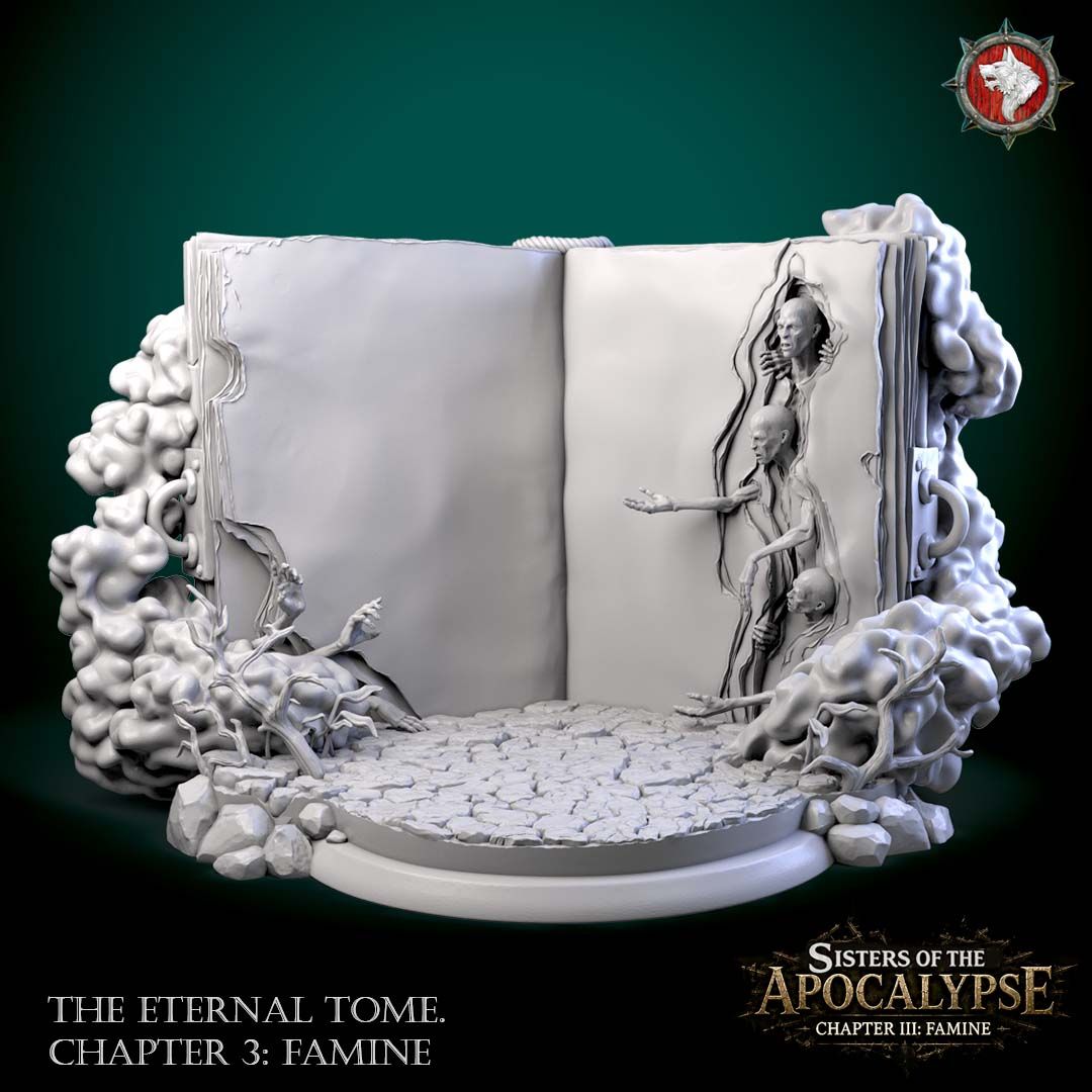 The Eternal Tome: Famine, a giant open grimoire scenic terrain with starving figures emerging from the page, 3D printed resin by White Werewolf Tavern.