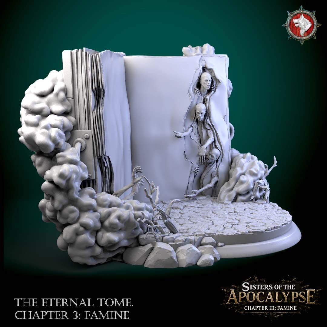 Angled render of the Eternal Tome: Famine, the open book on its cracked-earth base with gaunt figures and dead branches.