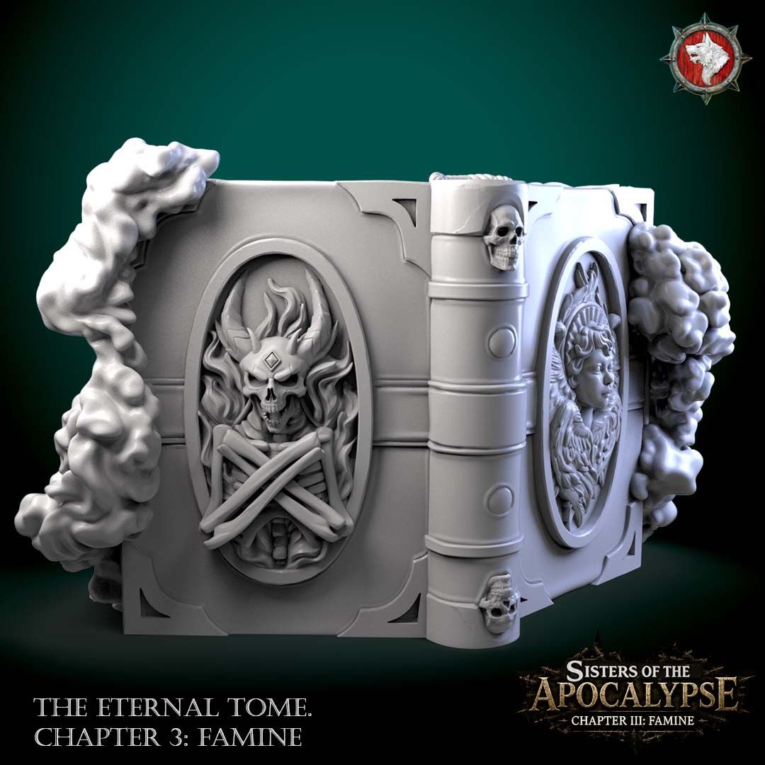The Eternal Tome: Famine closed, the ornate covers bearing a flaming skull-and-bone crest and a winged maiden, clasped in bone.