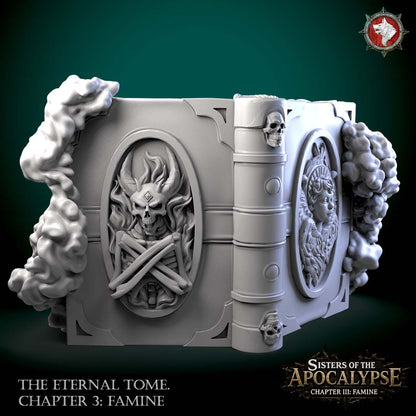 The Eternal Tome: Famine closed, the ornate covers bearing a flaming skull-and-bone crest and a winged maiden, clasped in bone.
