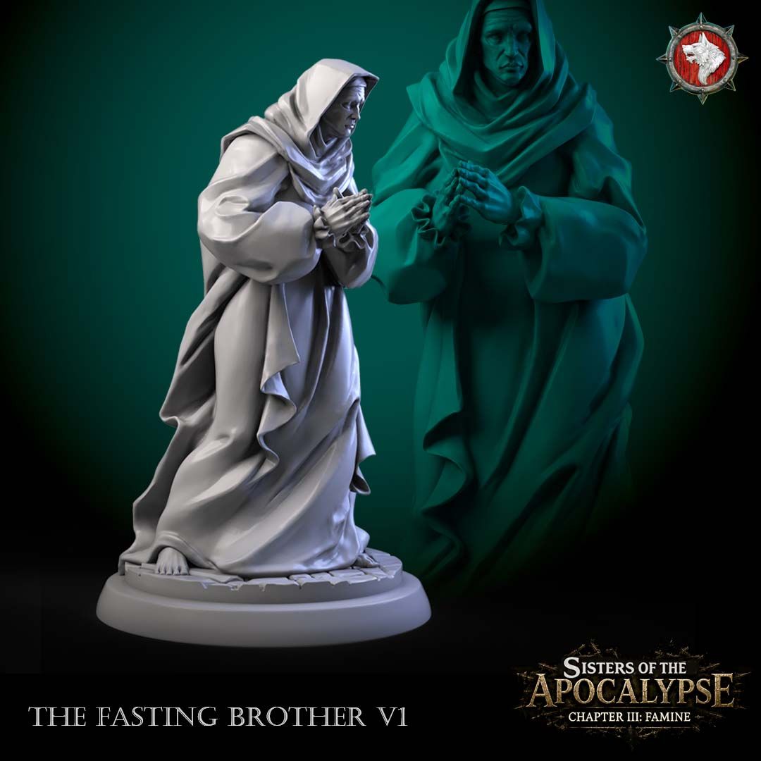 The Fasting Brother V1, a hooded monk with clasped praying hands, 3D render on a scenic base.