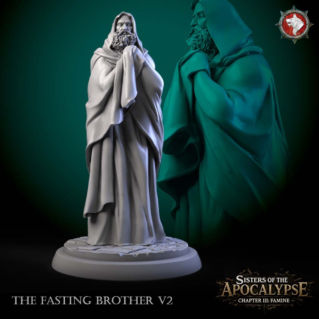 The Fasting Brother V2, a long-bearded hooded monk drawing his robe to his face, 3D render on a scenic base.