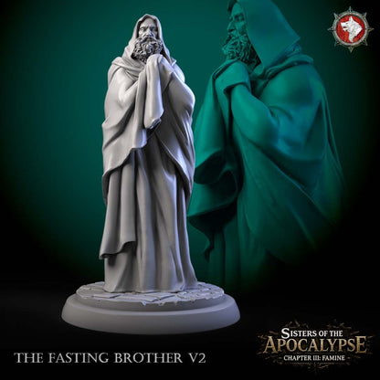 The Fasting Brother V2, a long-bearded hooded monk drawing his robe to his face, 3D render on a scenic base.