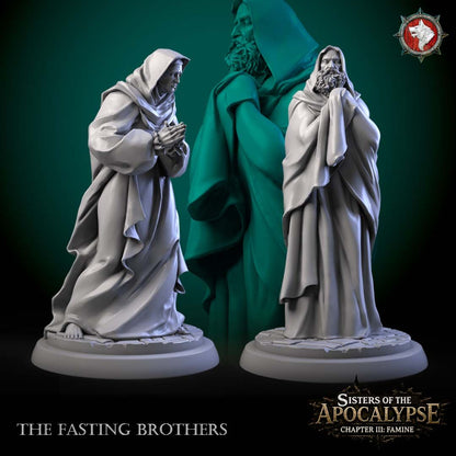 The Fasting Brothers, two hooded monk miniatures from White Werewolf Tavern, shown together on their sculpted bases.