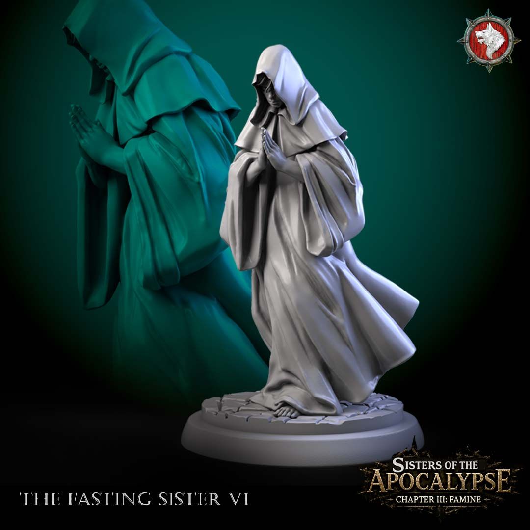 The Praying Sister, a standing hooded nun with hands clasped in prayer, on a sculpted cobblestone round.