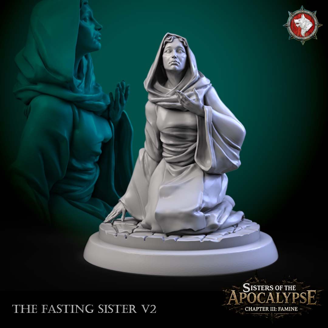 The Kneeling Sister, a hooded nun kneeling with her gaze raised and a hand extended, on a sculpted cobblestone round.