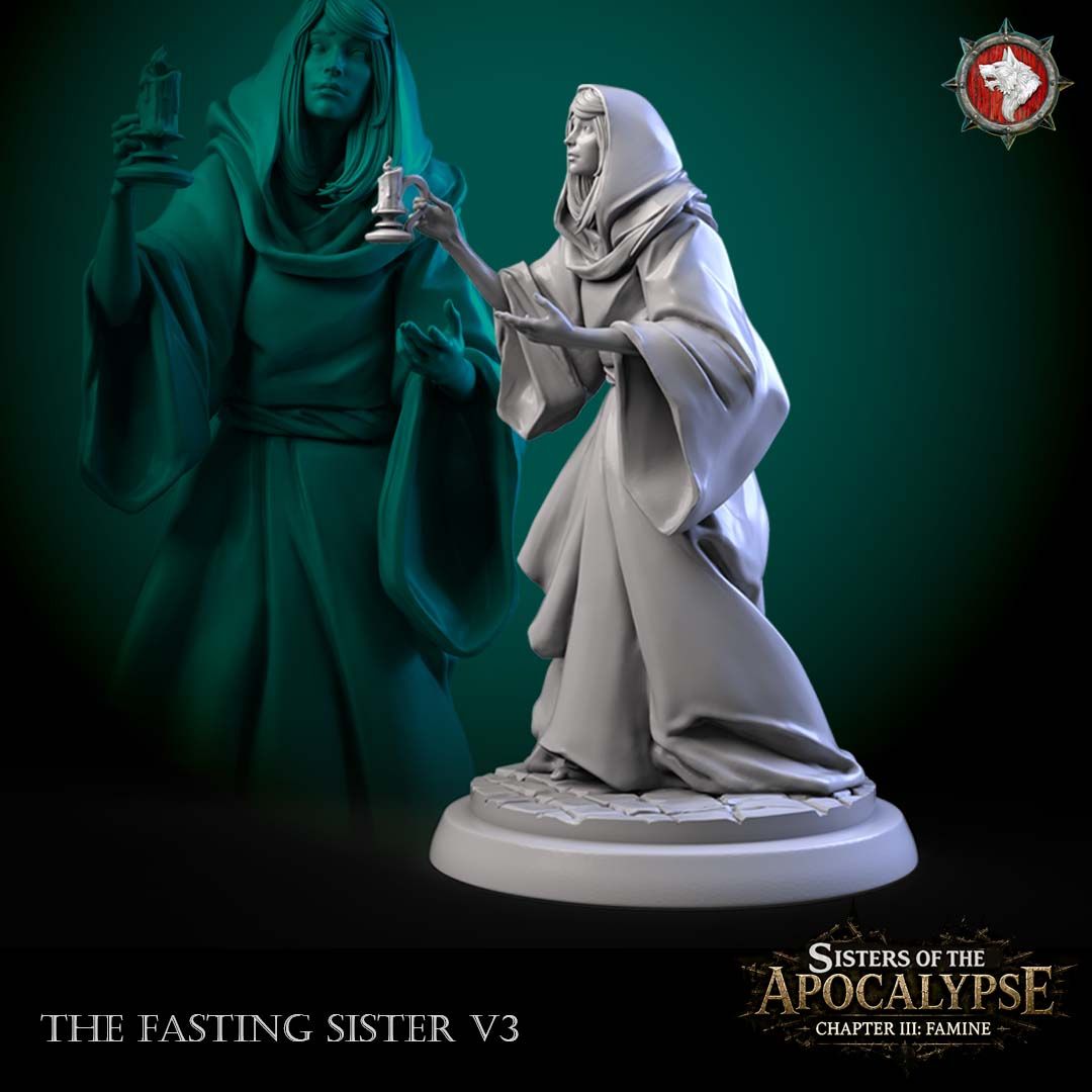 The Candlebearer, a standing hooded nun holding a lit candle, on a sculpted cobblestone round.