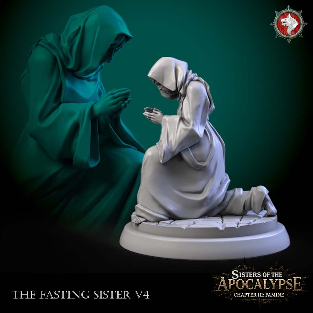 The Penitent Sister, a hooded nun kneeling with cupped hands in prayer, on a sculpted cobblestone round.