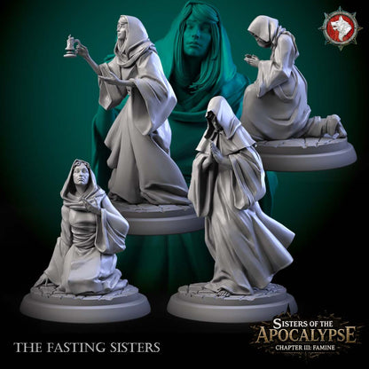 The four Fasting Sisters, hooded nuns of White Werewolf Tavern's Sisters of the Apocalypse Chapter III, 3D printed resin miniatures.