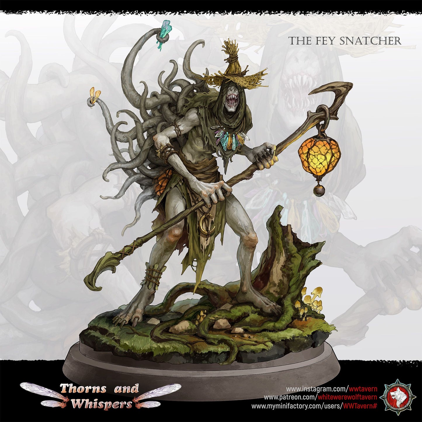 The Fey Snatcher painted key art, swamp scarecrow hag with glowing lantern staff on a mossy base