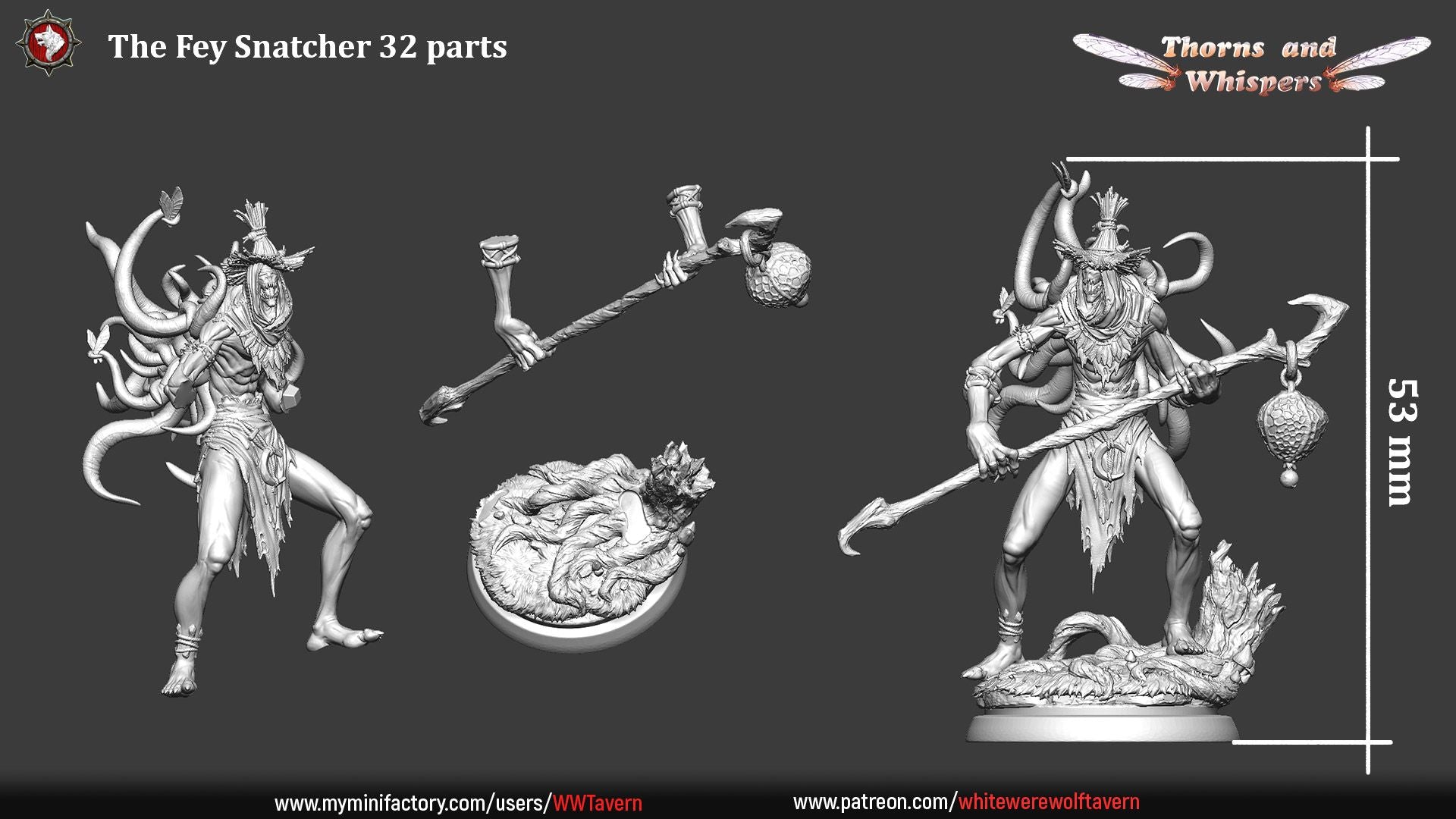 The Fey Snatcher 32mm parts sheet, 53mm height with staff arm and scenic base parts