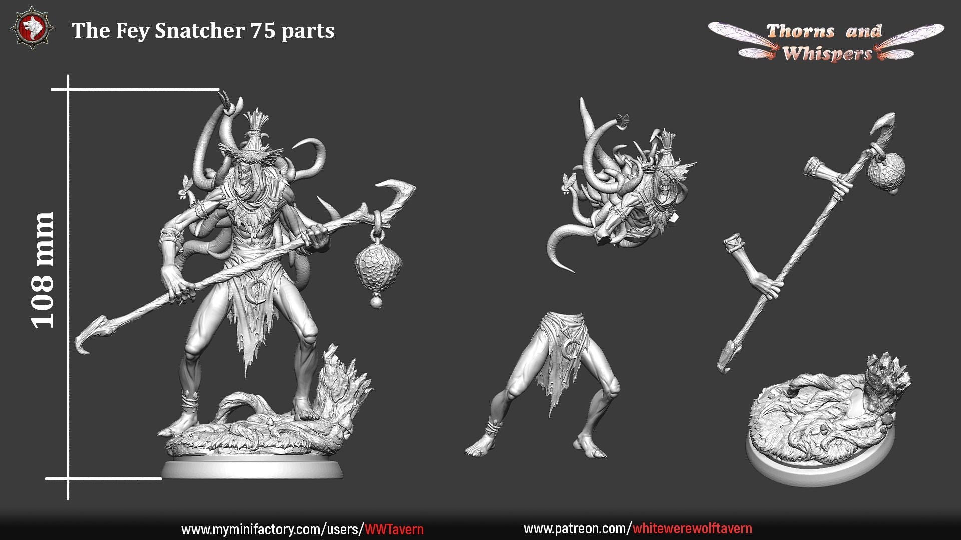 The Fey Snatcher 75mm parts sheet, 108mm height split into head, legs, staff arms and base