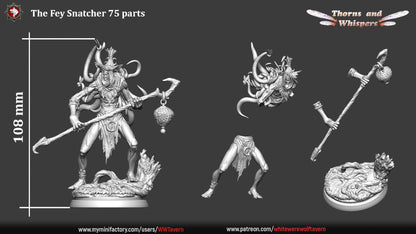 The Fey Snatcher 75mm parts sheet, 108mm height split into head, legs, staff arms and base