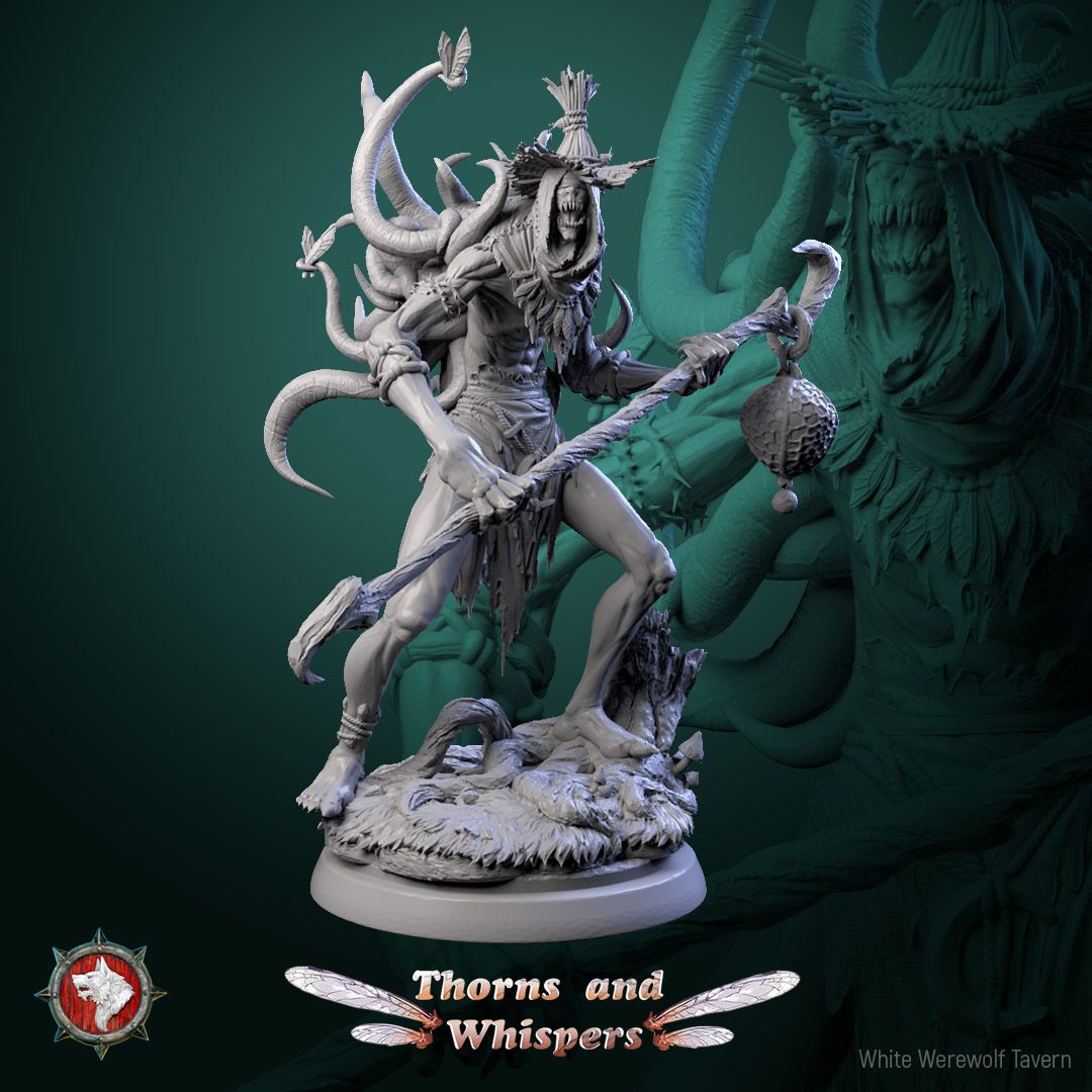 The Fey Snatcher miniature, front view, scarecrow hag with straw hat, tentacle mane and hooked staff with hanging cage