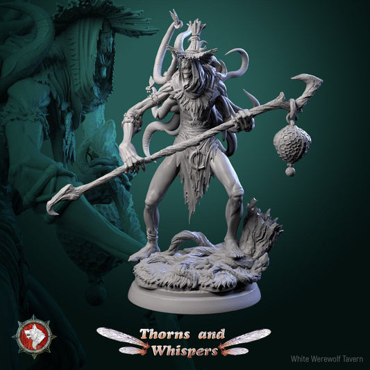 The Fey Snatcher miniature holding the hooked cage staff in both hands, front three-quarter view