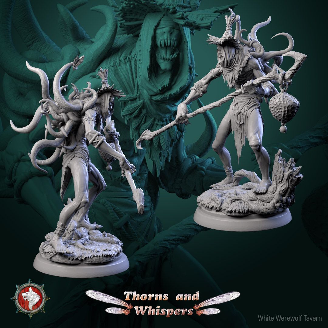 The Fey Snatcher miniature, back and front three-quarter views showing the tentacle mane