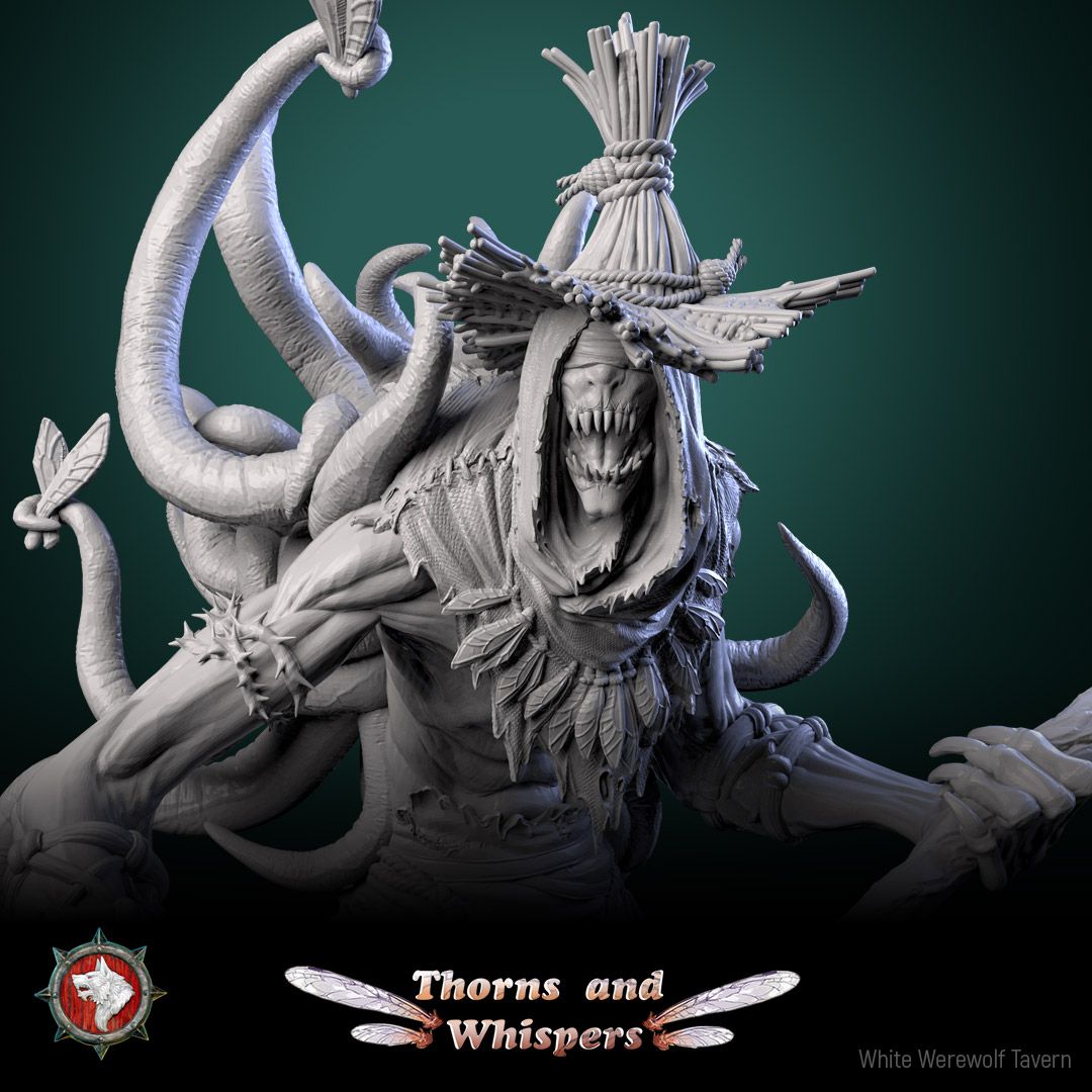 The Fey Snatcher close-up render, hooded fanged face under the straw hat