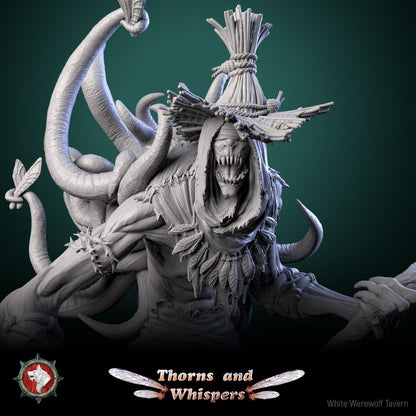The Fey Snatcher close-up render, hooded fanged face under the straw hat