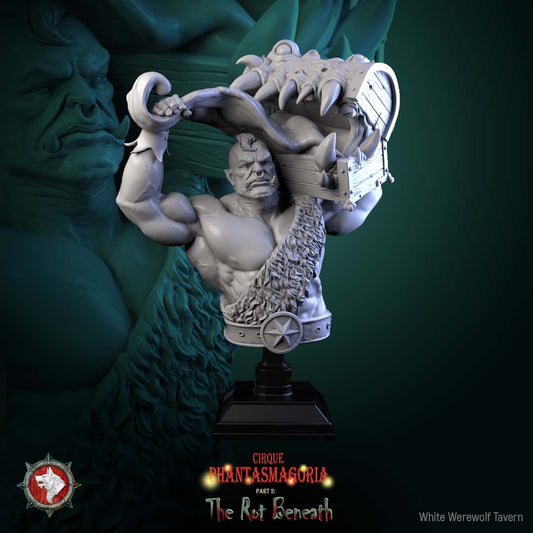 Render of Green Behemoth B Bust | Circus Strongman Collector Bust: Orcish circus strongman bust hoisting a fanged mimic chest overhead, from White Werewolf's The Rot Beneath dark carnival. 3D printed resin bust.