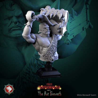 Render of Green Behemoth B Bust | Circus Strongman Collector Bust: Orcish circus strongman bust hoisting a fanged mimic chest overhead, from White Werewolf's The Rot Beneath dark carnival. 3D printed resin bust.