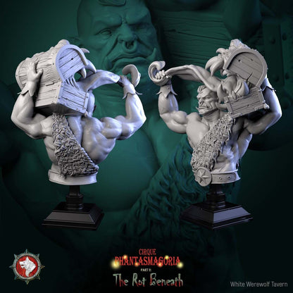 Render of Green Behemoth B Bust | Circus Strongman Collector Bust: Orcish circus strongman bust hoisting a fanged mimic chest overhead, from White Werewolf's The Rot Beneath dark carnival. 3D printed resin bust.
