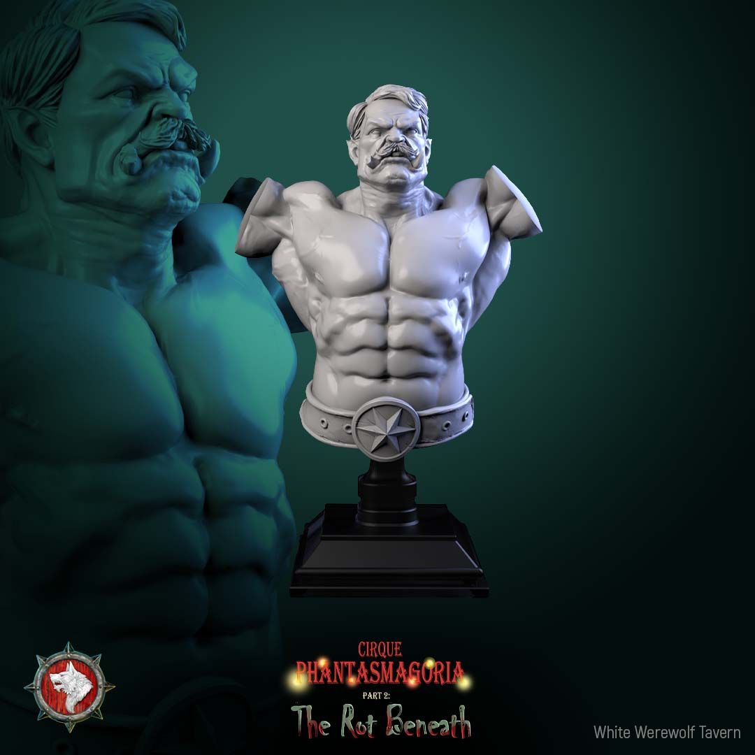 Render of Green Behemoth A Bust | Circus Strongman Collector Bust: Mustached orcish circus strongman bust with star-buckled belt, from White Werewolf's The Rot Beneath dark carnival. 3D printed resin collector bust.