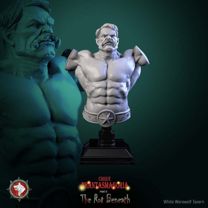 Render of Green Behemoth A Bust | Circus Strongman Collector Bust: Mustached orcish circus strongman bust with star-buckled belt, from White Werewolf's The Rot Beneath dark carnival. 3D printed resin collector bust.