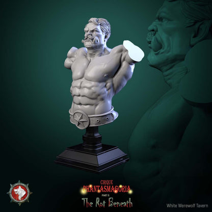Render of Green Behemoth A Bust | Circus Strongman Collector Bust: Mustached orcish circus strongman bust with star-buckled belt, from White Werewolf's The Rot Beneath dark carnival. 3D printed resin collector bust.