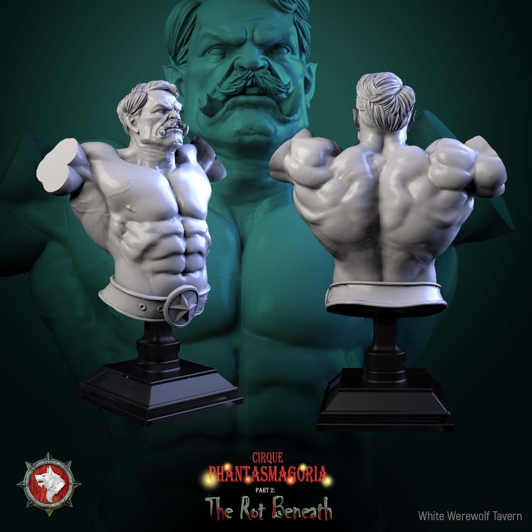 Render of Green Behemoth A Bust | Circus Strongman Collector Bust: Mustached orcish circus strongman bust with star-buckled belt, from White Werewolf's The Rot Beneath dark carnival. 3D printed resin collector bust.