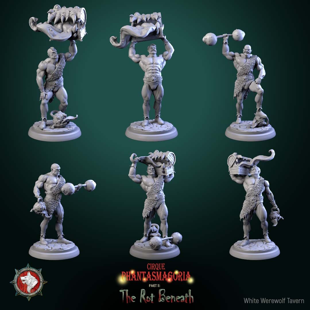 Render of The Green Behemoths | 32mm Circus Strongman Miniatures: Six orcish circus strongmen hoisting mimic chests and dumbbells, from White Werewolf's The Rot Beneath dark carnival. 32mm resin, single or full set.
