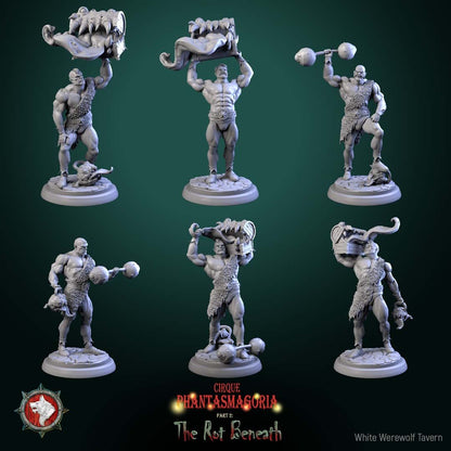 Render of The Green Behemoths | 32mm Circus Strongman Miniatures: Six orcish circus strongmen hoisting mimic chests and dumbbells, from White Werewolf's The Rot Beneath dark carnival. 32mm resin, single or full set.