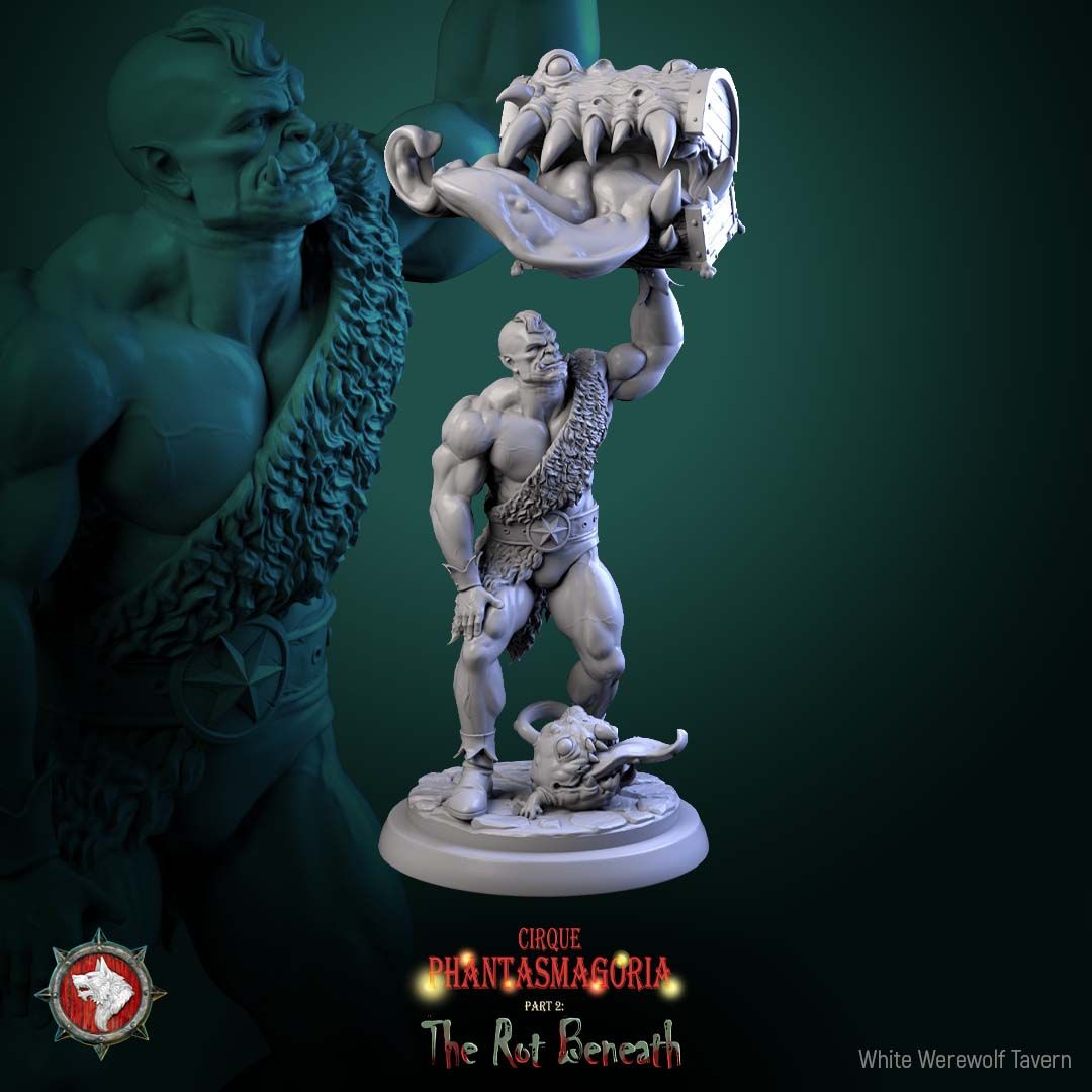 Render of The Green Behemoths | 32mm Circus Strongman Miniatures: Six orcish circus strongmen hoisting mimic chests and dumbbells, from White Werewolf's The Rot Beneath dark carnival. 32mm resin, single or full set.