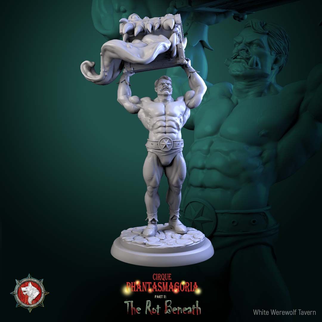 Render of The Green Behemoths | 32mm Circus Strongman Miniatures: Six orcish circus strongmen hoisting mimic chests and dumbbells, from White Werewolf's The Rot Beneath dark carnival. 32mm resin, single or full set.