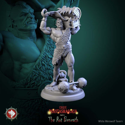 Render of The Green Behemoths | 32mm Circus Strongman Miniatures: Six orcish circus strongmen hoisting mimic chests and dumbbells, from White Werewolf's The Rot Beneath dark carnival. 32mm resin, single or full set.