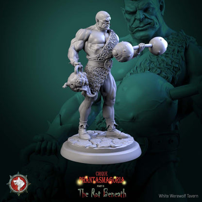 Render of The Green Behemoths | 32mm Circus Strongman Miniatures: Six orcish circus strongmen hoisting mimic chests and dumbbells, from White Werewolf's The Rot Beneath dark carnival. 32mm resin, single or full set.