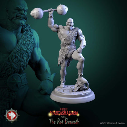 Render of The Green Behemoths | 32mm Circus Strongman Miniatures: Six orcish circus strongmen hoisting mimic chests and dumbbells, from White Werewolf's The Rot Beneath dark carnival. 32mm resin, single or full set.