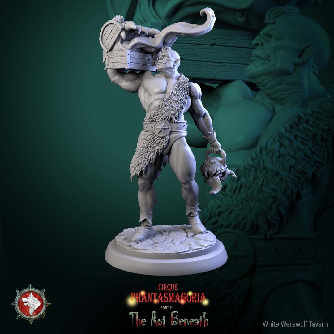 Render of The Green Behemoths | 32mm Circus Strongman Miniatures: Six orcish circus strongmen hoisting mimic chests and dumbbells, from White Werewolf's The Rot Beneath dark carnival. 32mm resin, single or full set.