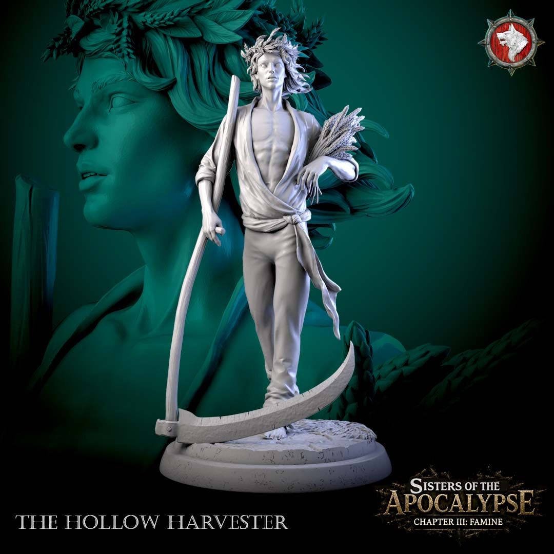 Three-quarter render of the Hollow Harvester on the sculpted scenic base, White Werewolf Tavern.