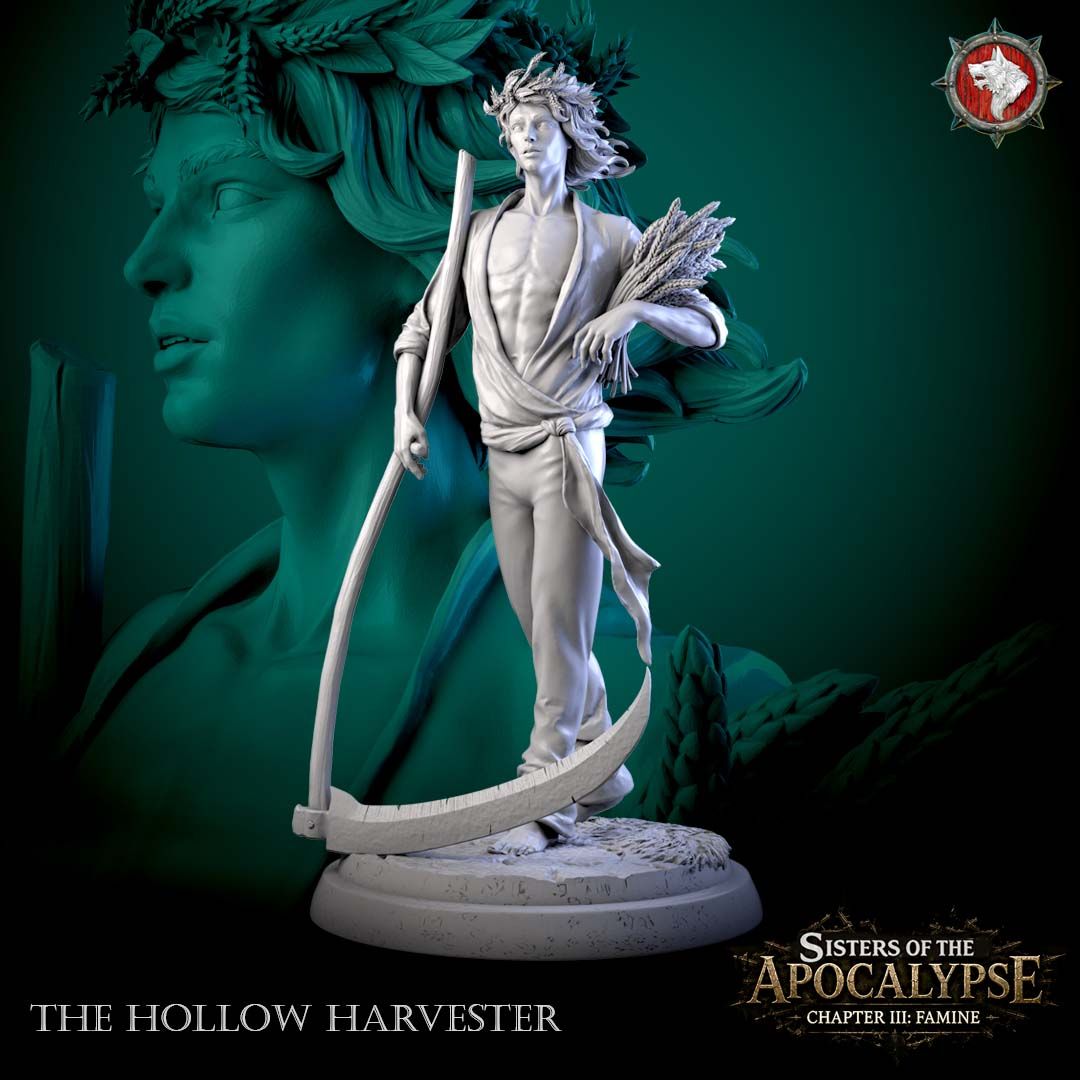 The Hollow Harvester, a gaunt wheat-crowned reaper holding a sheaf of grain over a long scythe, 3D printed resin miniature by White Werewolf Tavern.