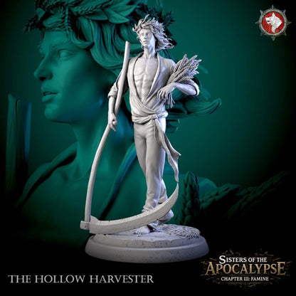 The Hollow Harvester, a gaunt wheat-crowned reaper holding a sheaf of grain over a long scythe, 3D printed resin miniature by White Werewolf Tavern.